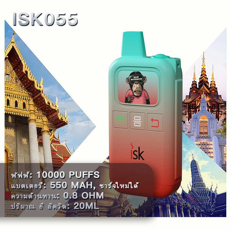 ISK055 พอตใช้แล้วทิ้ง 10000 Puffs พร้อมแบตเตอรีแบบชาร์จไฟได้ 20ml Disposable Vape